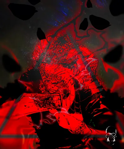 Blood-red splintered figure in a dark triangle, drifting black shards overhead.
