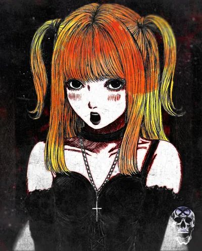 Gothic manga girl with orange twin tails, a black choker and a cross necklace on dark grain.