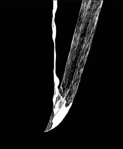 Single white-edged curved blade cuts diagonally across solid black.