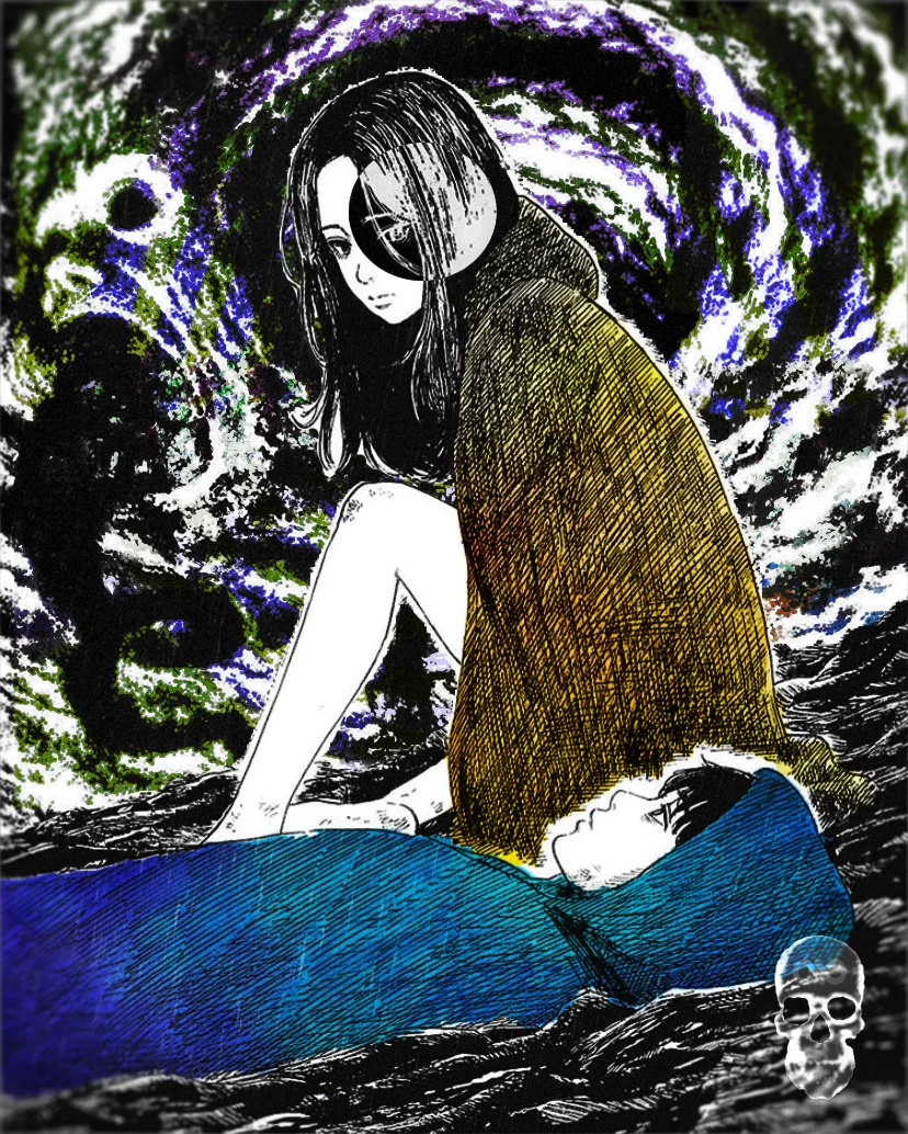 Manga girl with hair over one eye cradles a boy in her lap, inked in gold and blue amid swirling black.