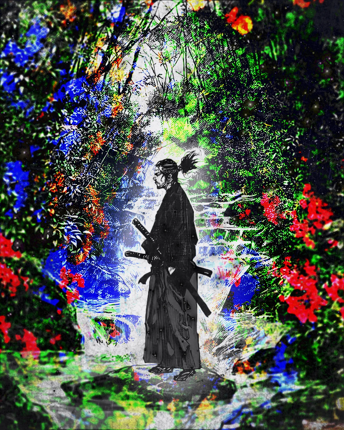Samurai with swords stands on a stone forest path framed by saturated red, blue and green foliage.