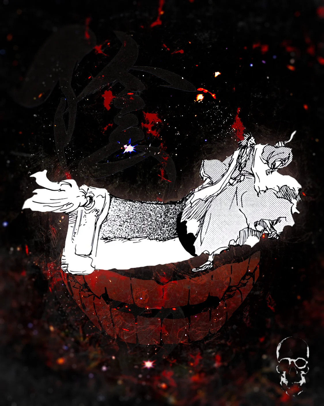 White-inked manga figure lies across a huge red grin, set in dark speckled space with faint kanji.