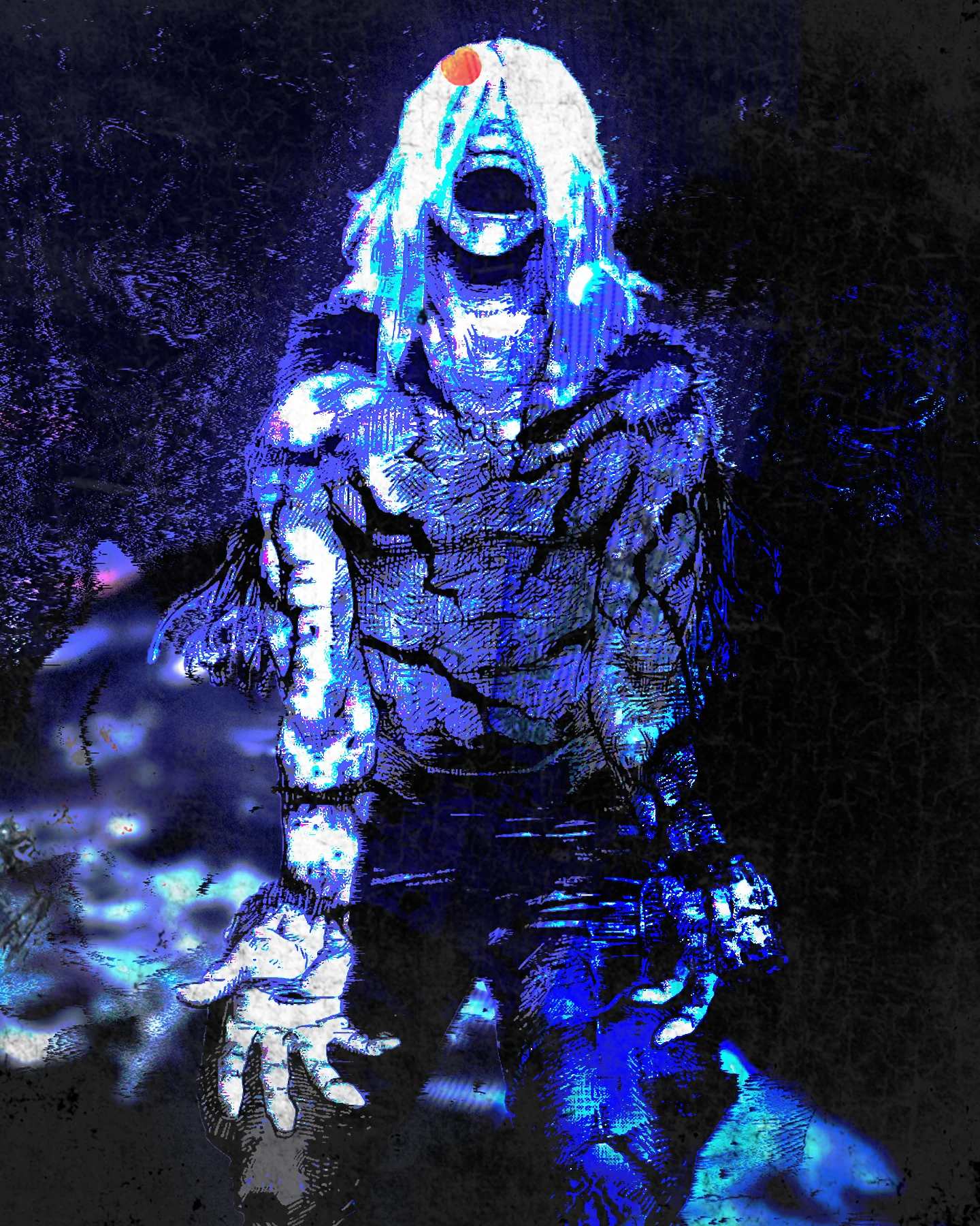 White-haired figure with cracked skin crouches and screams, lit in electric blue on black.