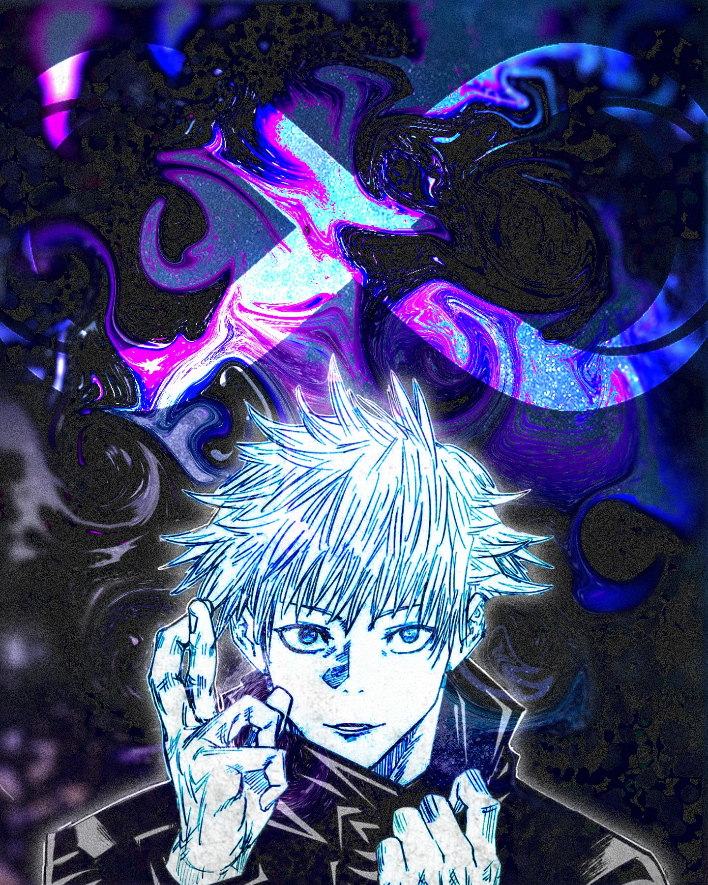 White-haired manga boy raises one hand, calm, beneath magenta and purple ink swirls.
