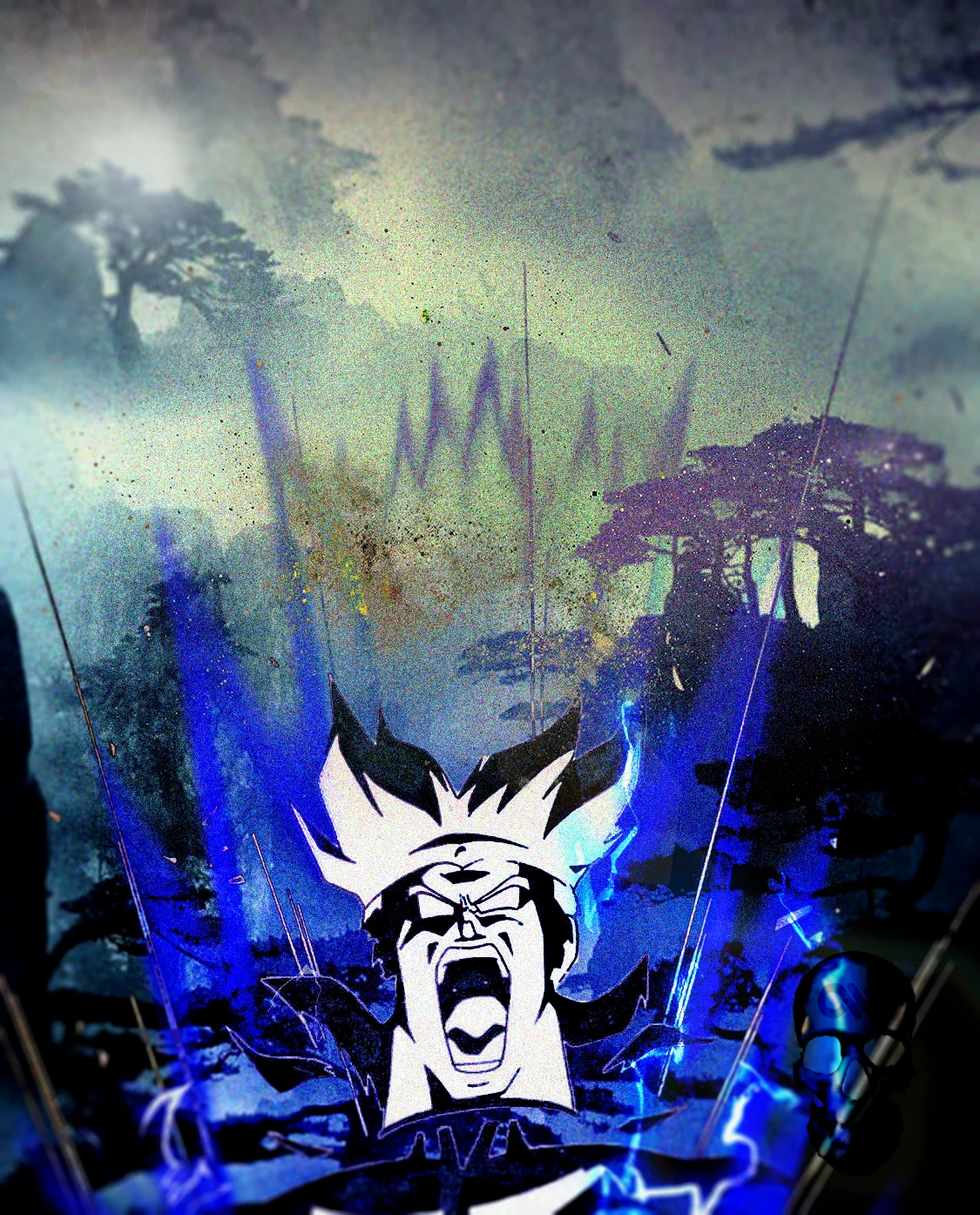 Spiky-haired manga face screams through blue lightning below a misty green forest.