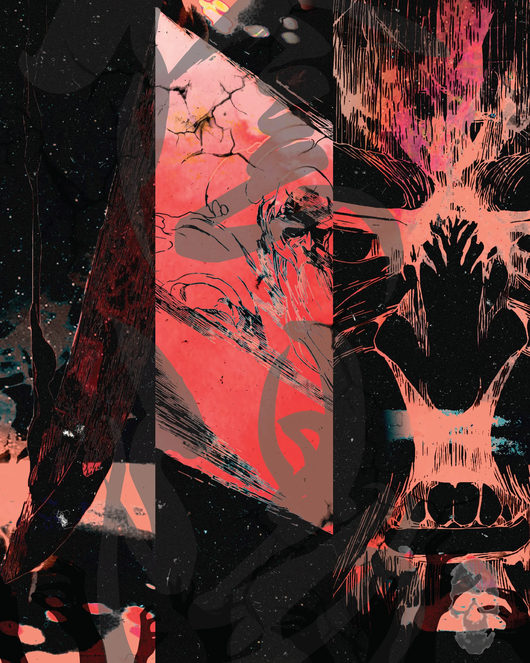 Coral-red and black fractured panels hold screaming manga faces and scratched texture.