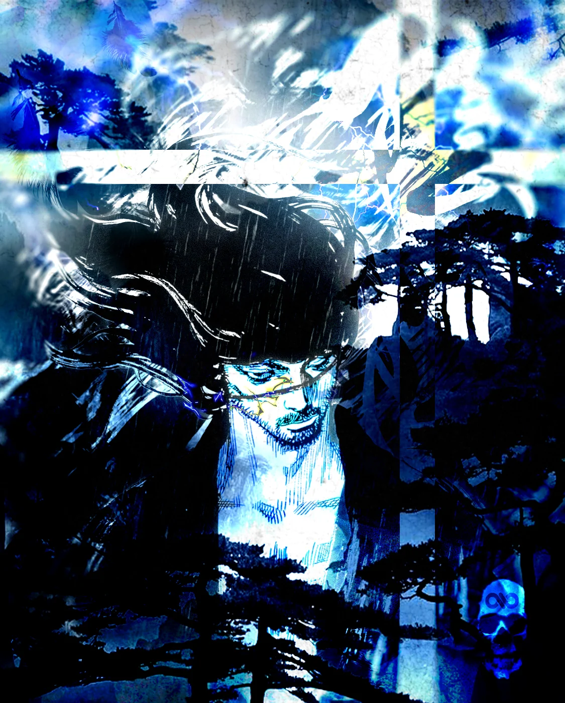Long-haired manga swordsman in shadow, framed by icy blue trees, lightning and white bars.