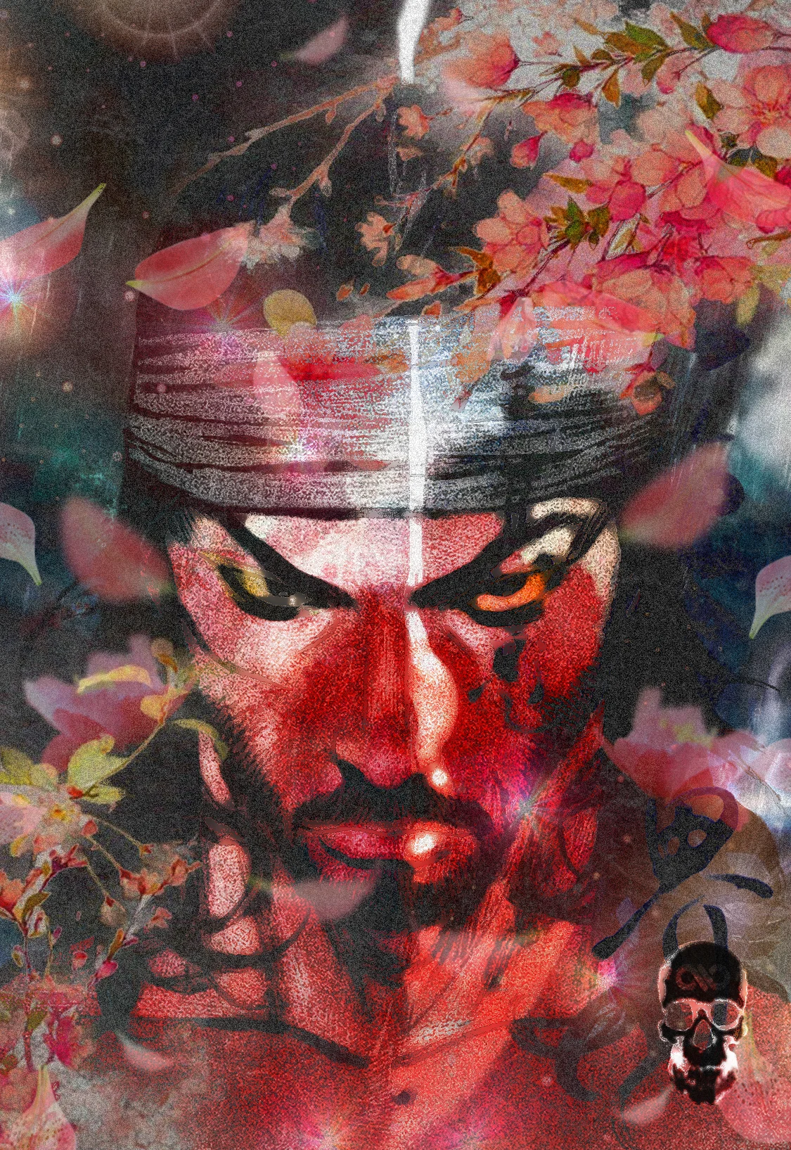 Warrior in a headband with a red-washed face glares through drifting cherry blossoms.