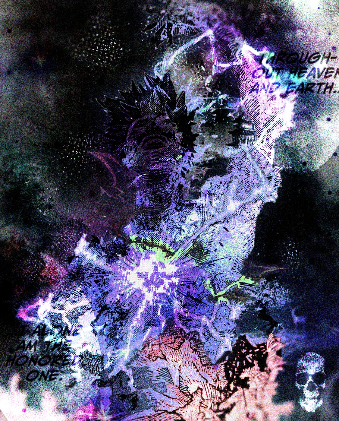 Violet energy burst collage with manga text reading through heaven and earth, on black.