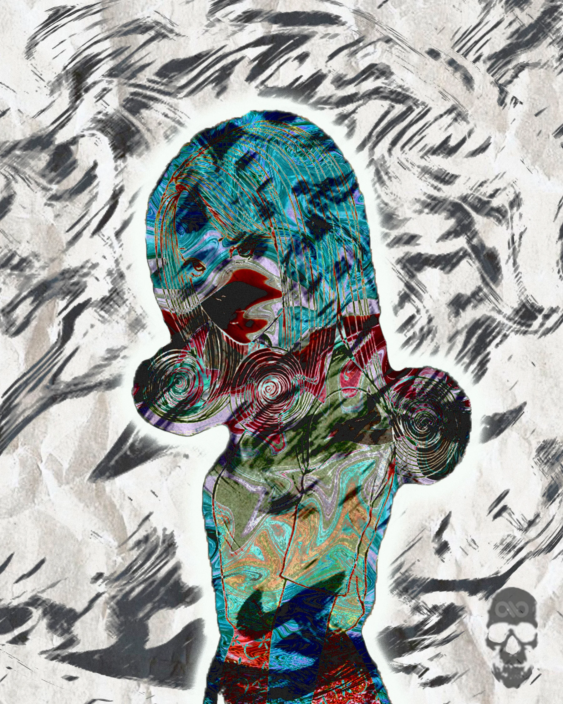 Head-and-shoulders silhouette filled with teal and red scribbles on crumpled paper and black brushstrokes.