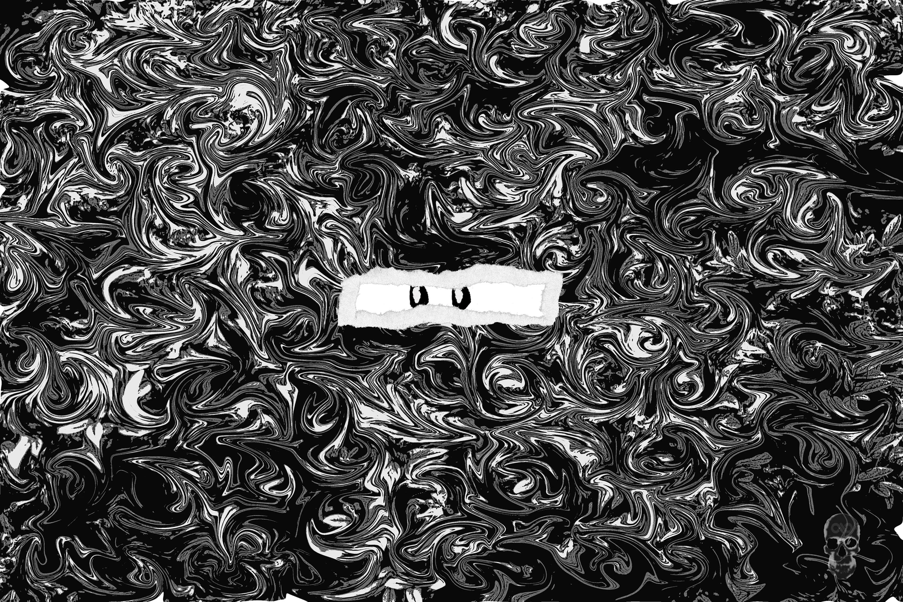 A thin strip of eyes peeks out from a black-and-white marbled swirl.