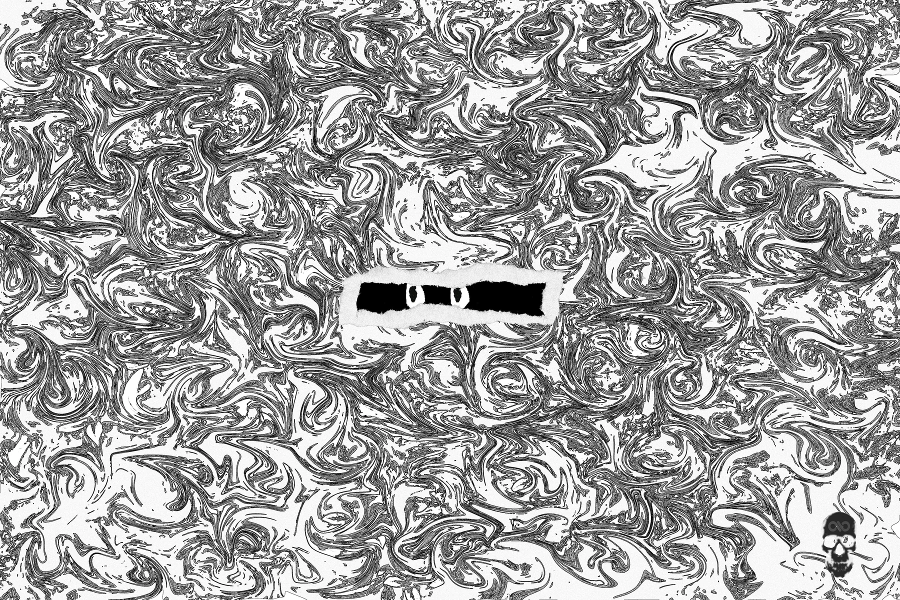 Wide black-and-white marbled swirl broken by a black strip where two eyes peer out.