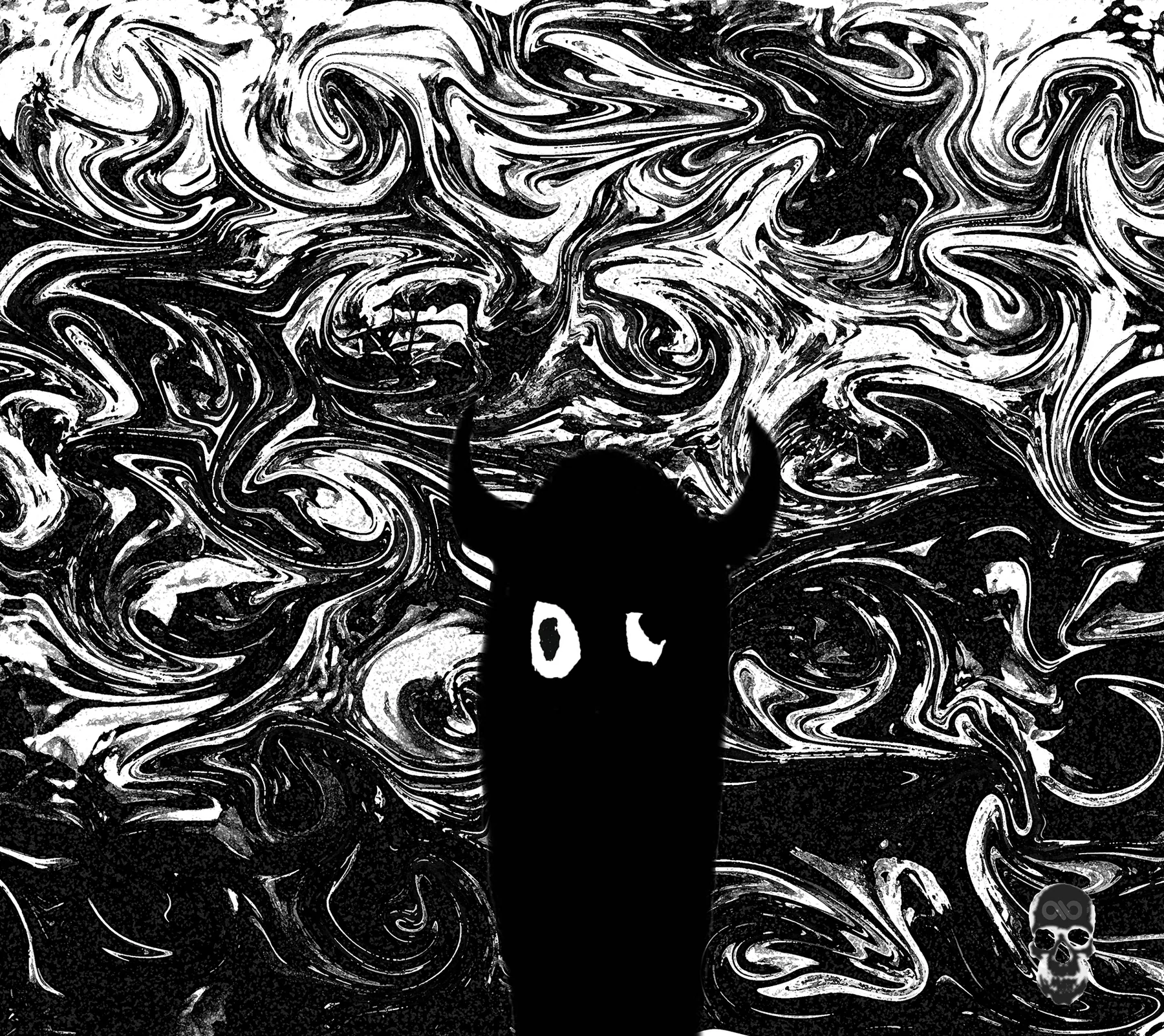 Horned black silhouette with white eyes rises from a black-and-white marbled swirl.