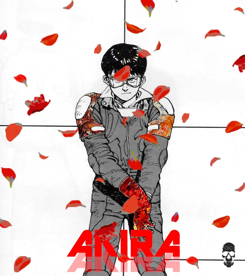 Boy in a gray jacket stands among falling red petals on white, above red AKIRA lettering.