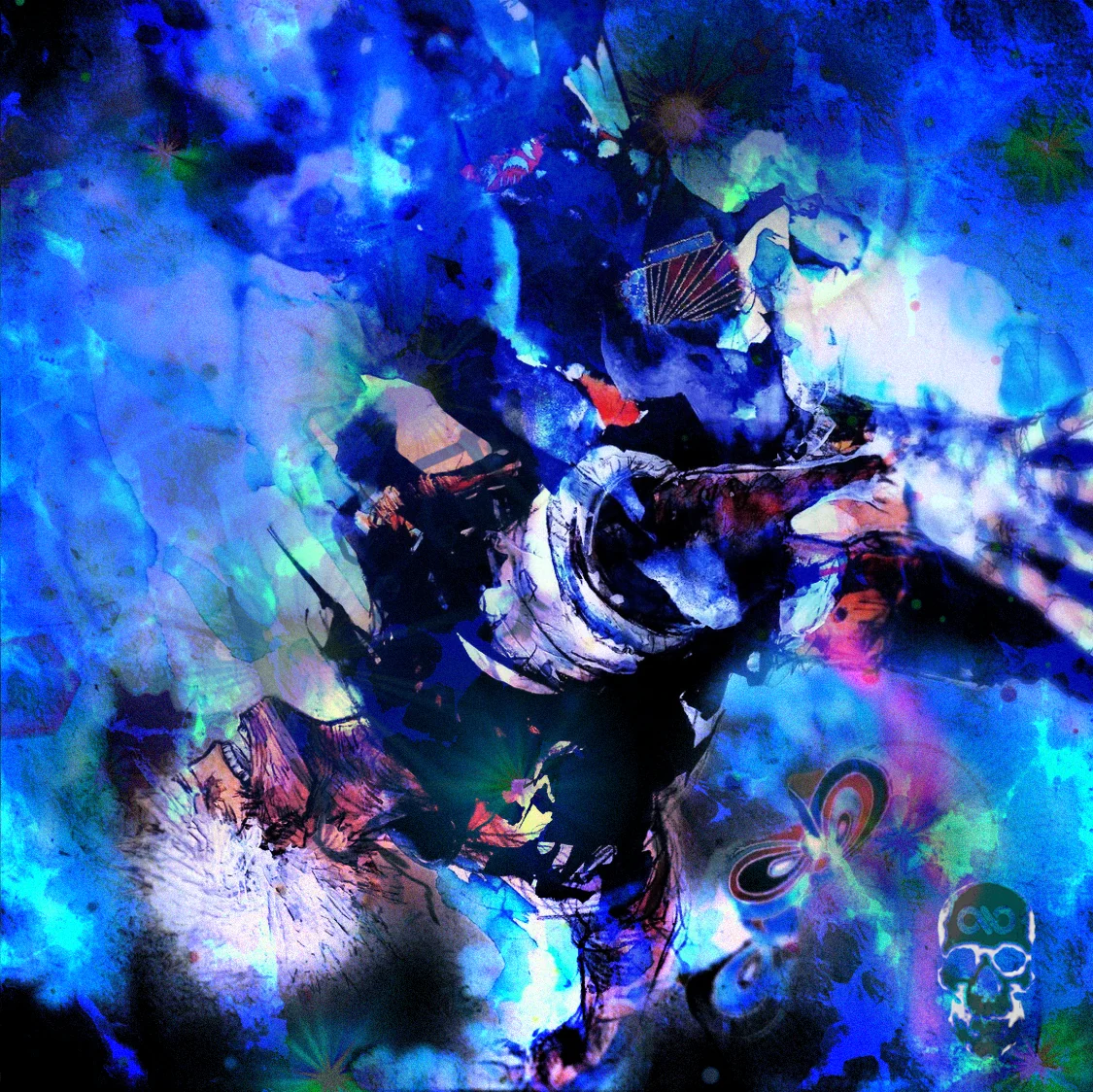 Fragmented manga figure dissolves into a storm of blue and black watercolor.