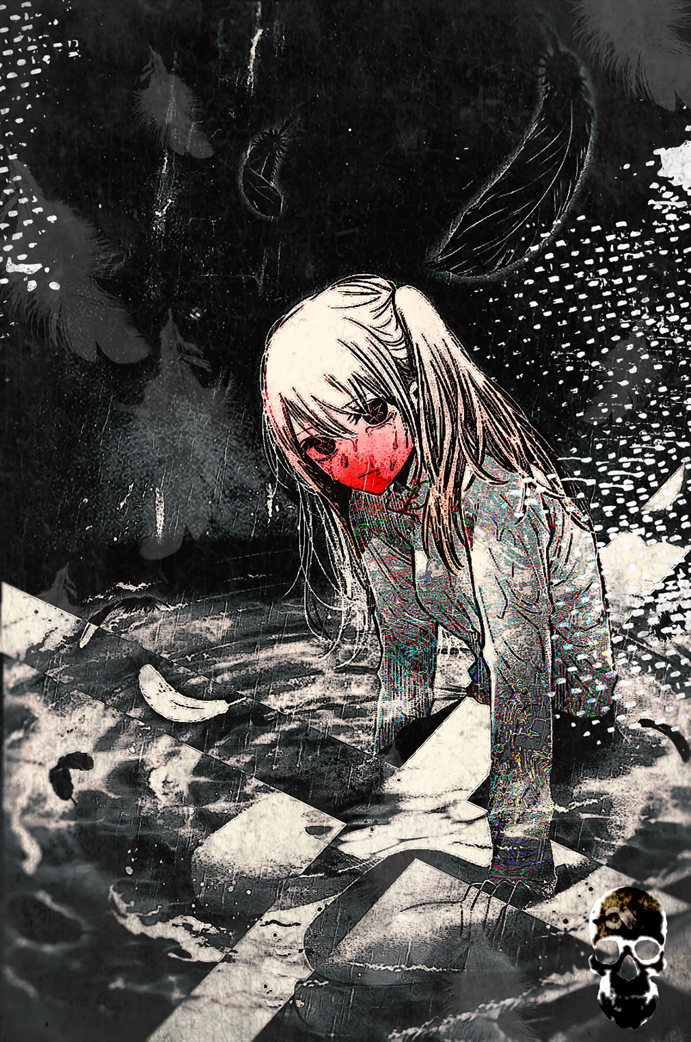 Long-haired manga girl with a red-smeared face kneels on dark ashen ground in grayscale.