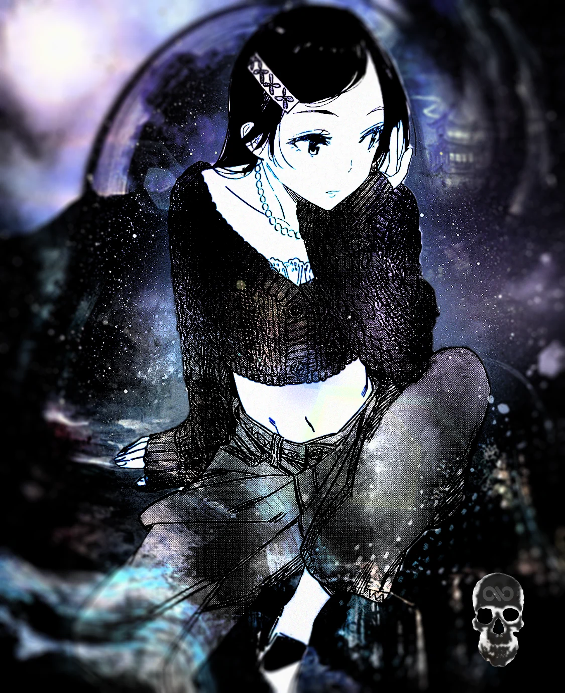 Manga girl in a cropped sweater and hair clip sits in a dark cosmic tunnel of violet light.