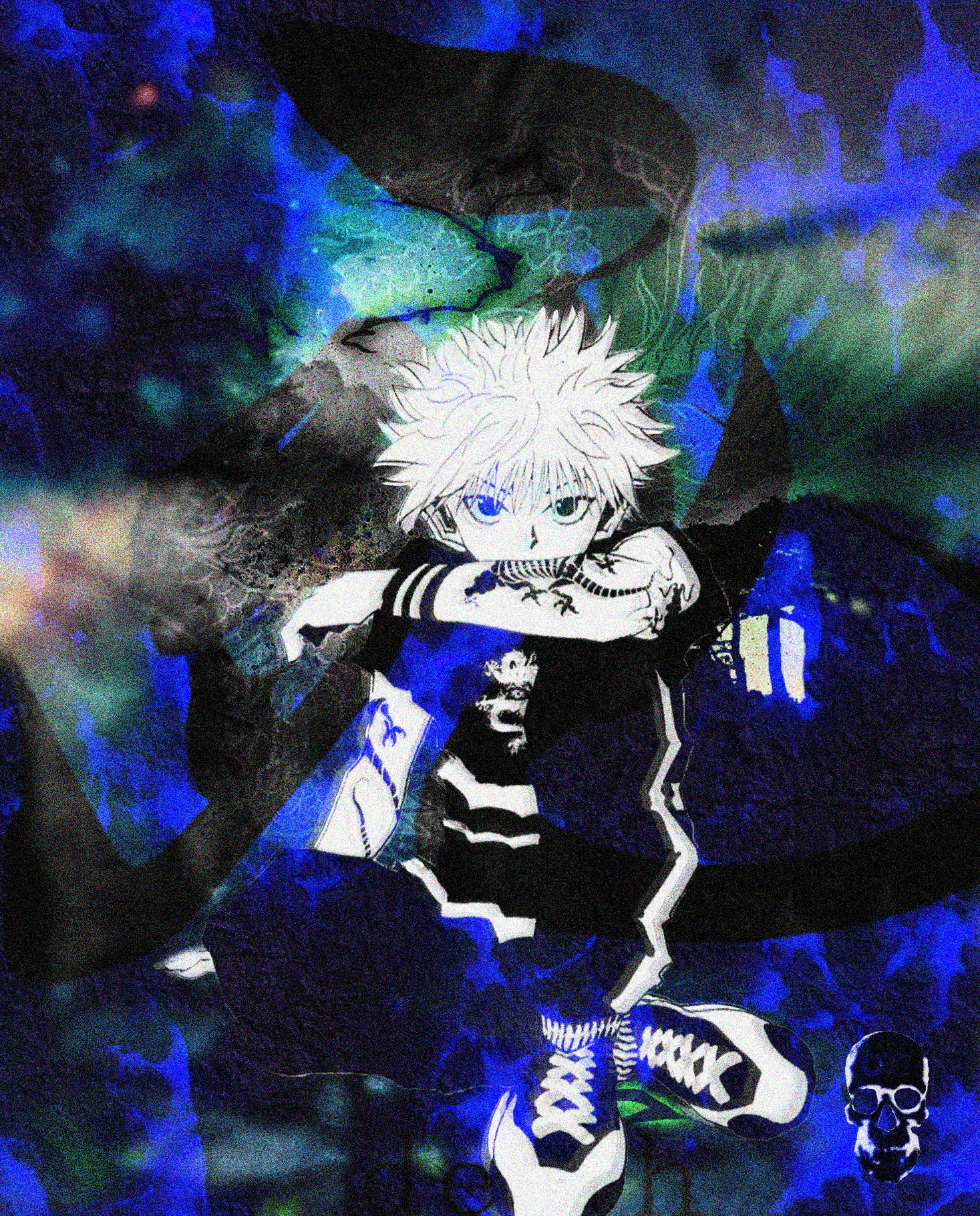 Spiky white-haired boy crouches in sneakers against splashes of deep blue and green.