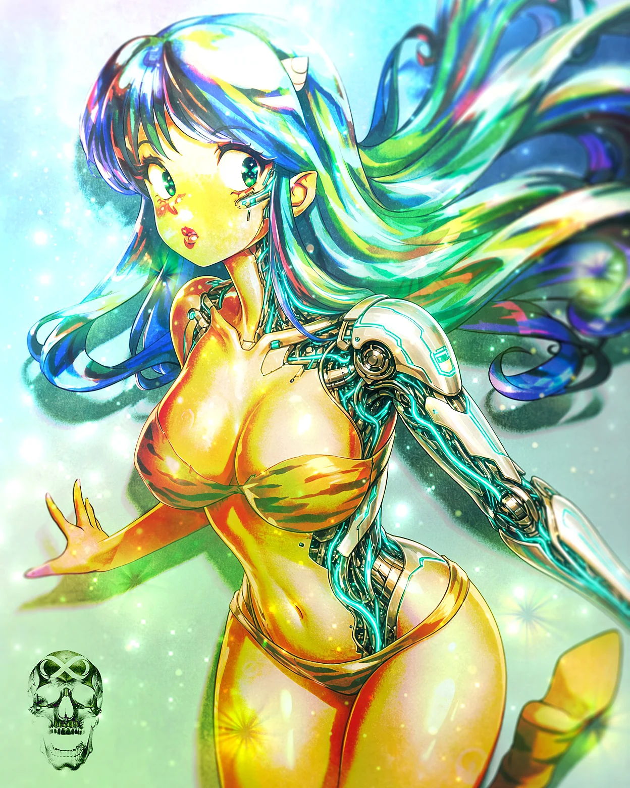 Anime girl with flowing iridescent hair and a chrome cybernetic arm, glowing gold against a pale sparkling haze.