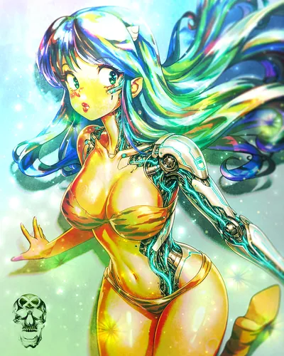 Anime girl with flowing iridescent hair and a chrome cybernetic arm, glowing gold against a pale sparkling haze.