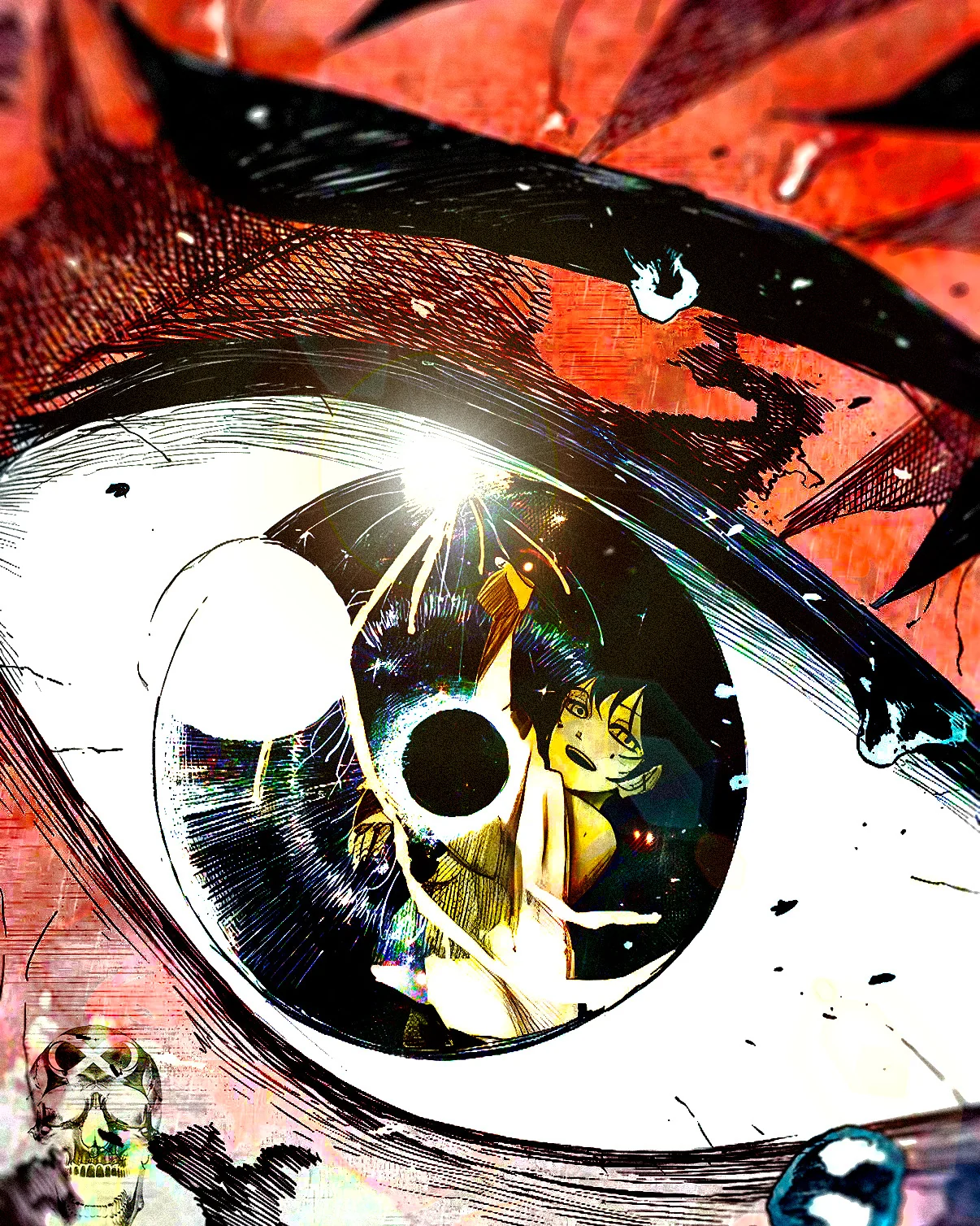Extreme close-up of a manga eye in red and orange ink, a small figure reflected in its dark iris.