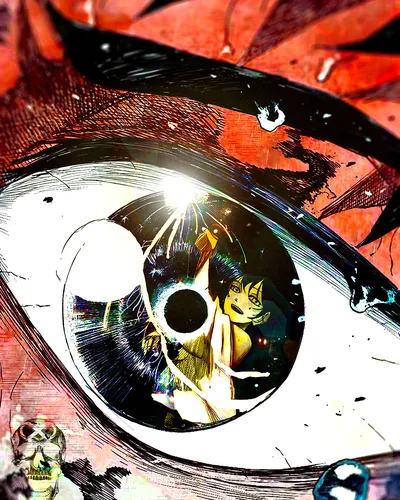 Extreme close-up of a manga eye in red and orange ink, a small figure reflected in its dark iris.