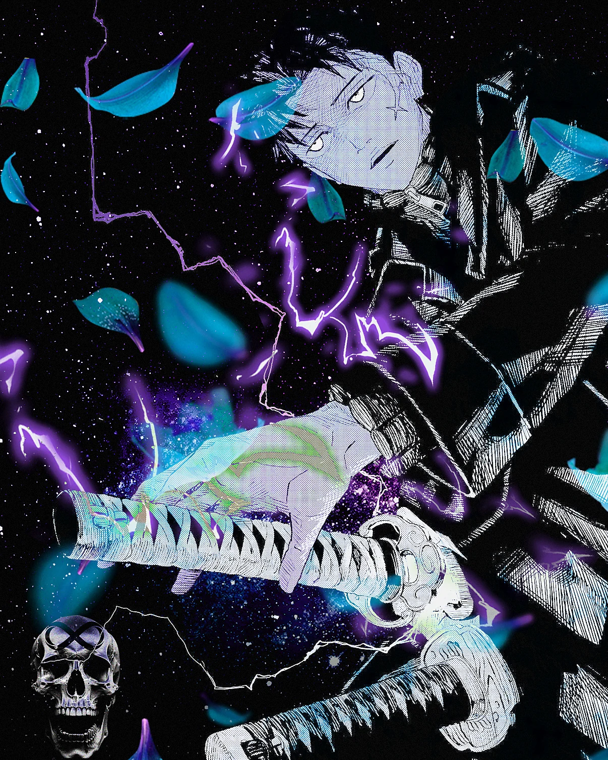 Manga swordsman drifting through black starry space, cut by violet lightning and scattered teal petals.