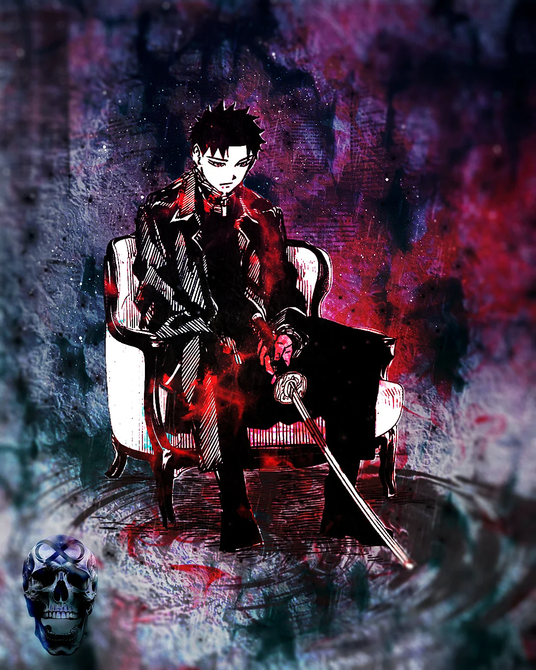 Dark-haired man in a black coat sits in a white armchair holding a sword, framed by red and navy grunge.