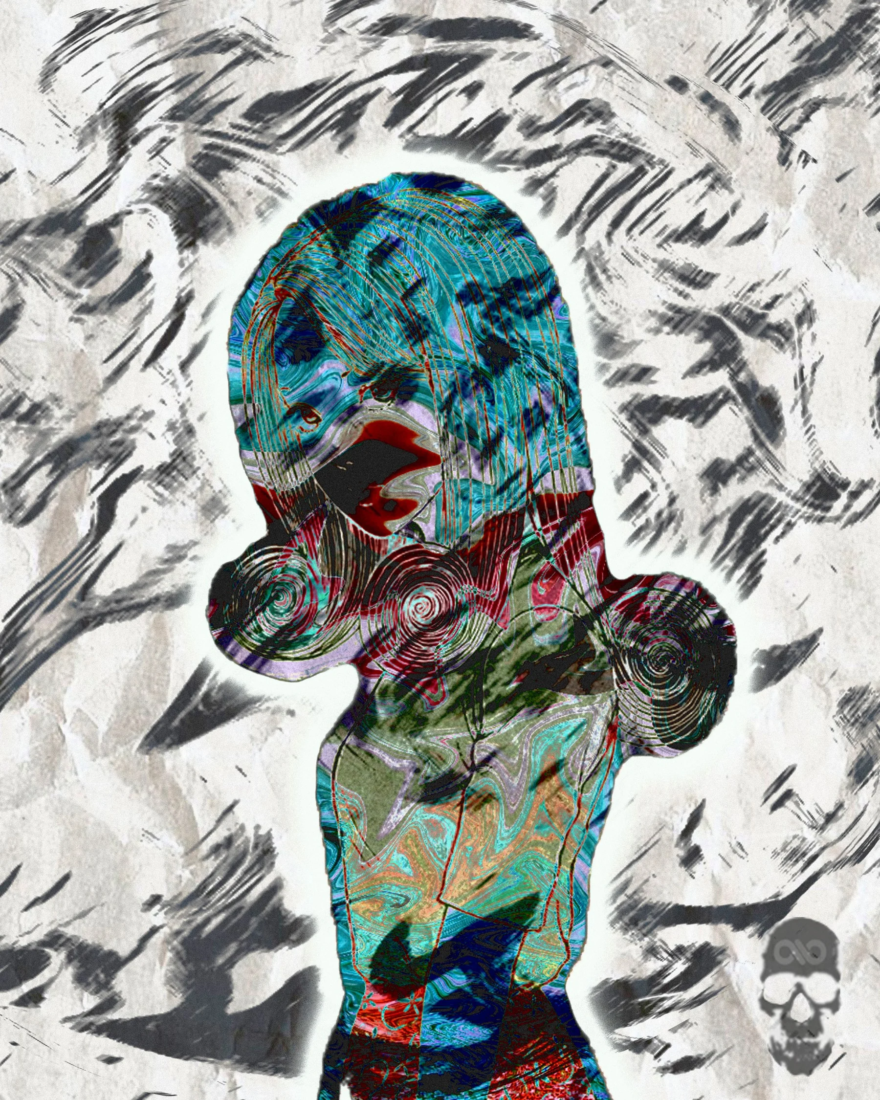 Glitch-treated manga girl with swirled hair buns, filled with teal, red and green marbled color against a white brushstroke background.