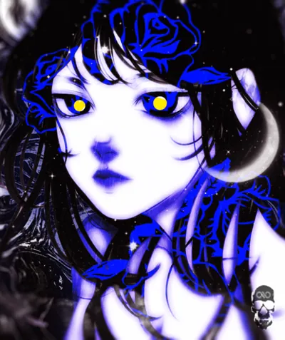 Pale manga girl with yellow eyes framed by electric blue roses and a crescent moon on black.
