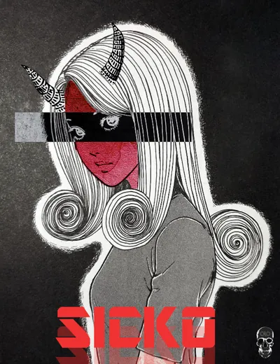 Horned girl with spiral white hair and a red-shaded face behind a black bar, over red SICKO text.