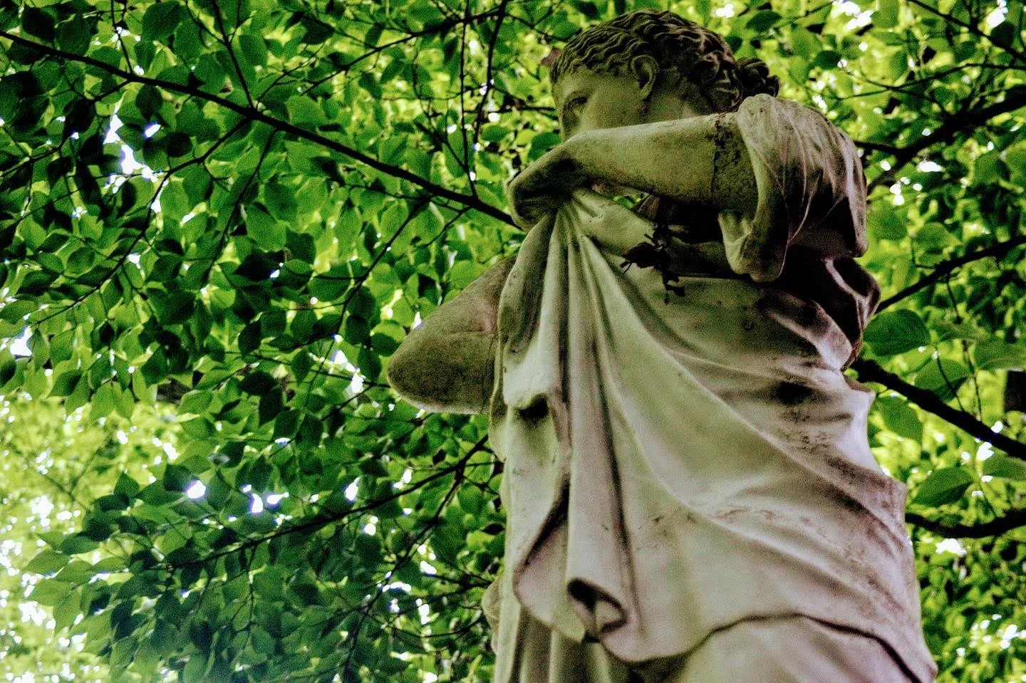 Weathered stone statue of a draped figure seen from below against bright green leaves.
