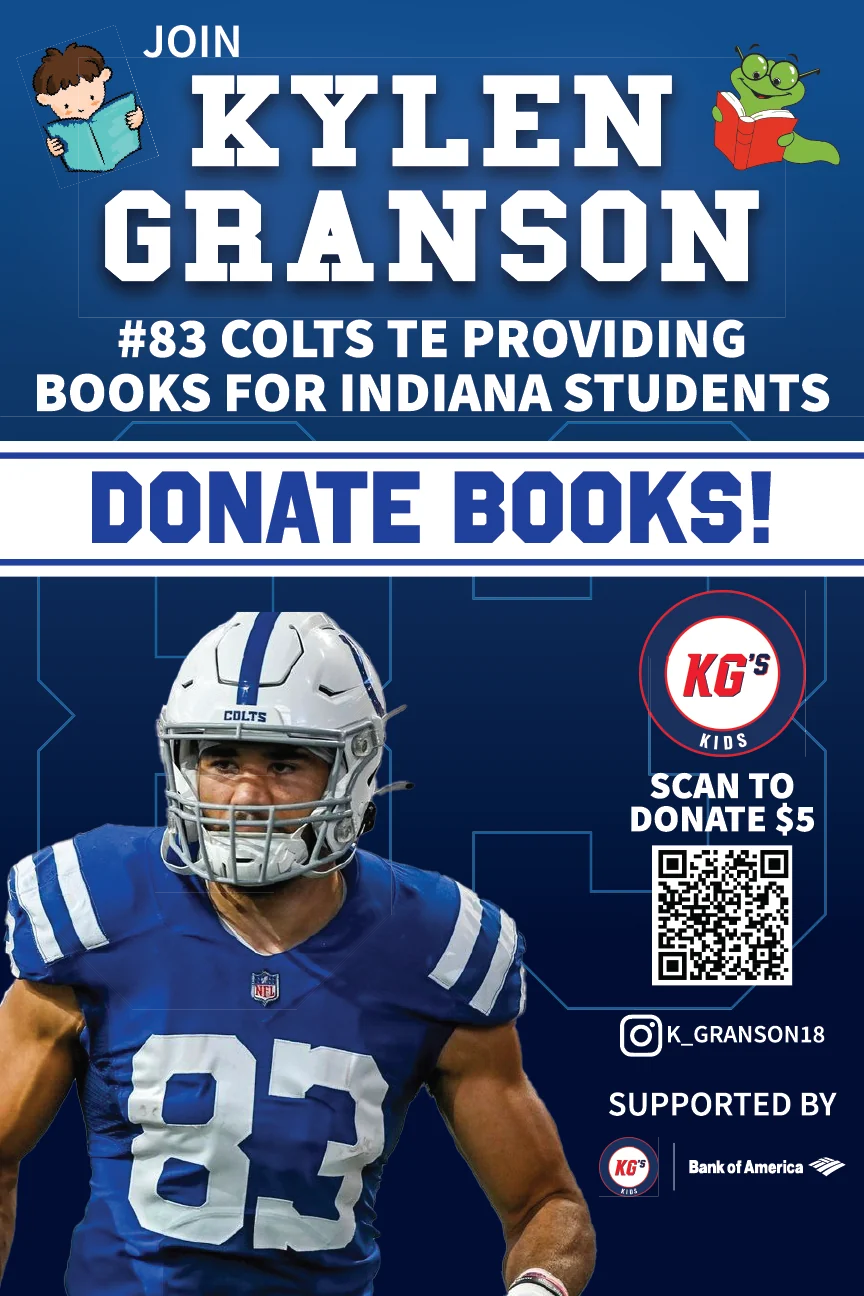 Blue Colts-style flyer: Kylen Granson in a No. 83 jersey asks fans to donate books for Indiana students.