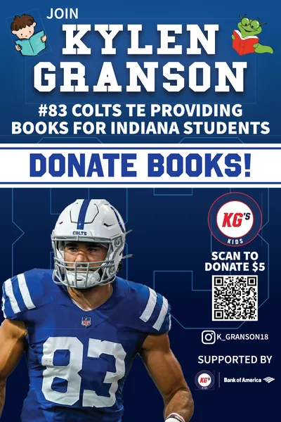 Blue Colts-style flyer: Kylen Granson in a No. 83 jersey asks fans to donate books for Indiana students.