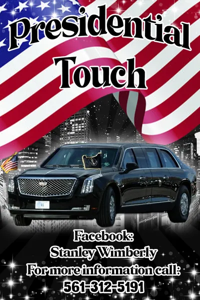 Presidential Touch limo flyer with a black stretch limousine under an American flag over a night city.