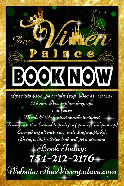 Black and gold Thee Vixen Palace flyer with a glowing castle logo and bold Book Now banner.