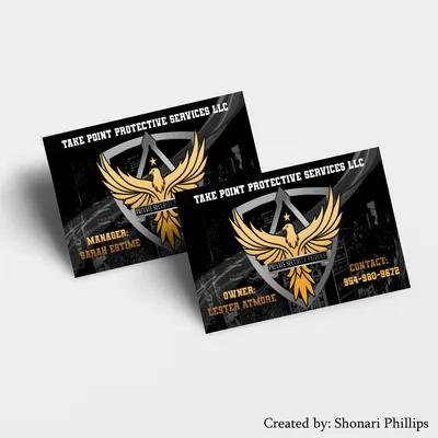 Pair of black business cards for Take Point Protective Services with a gold phoenix shield logo.