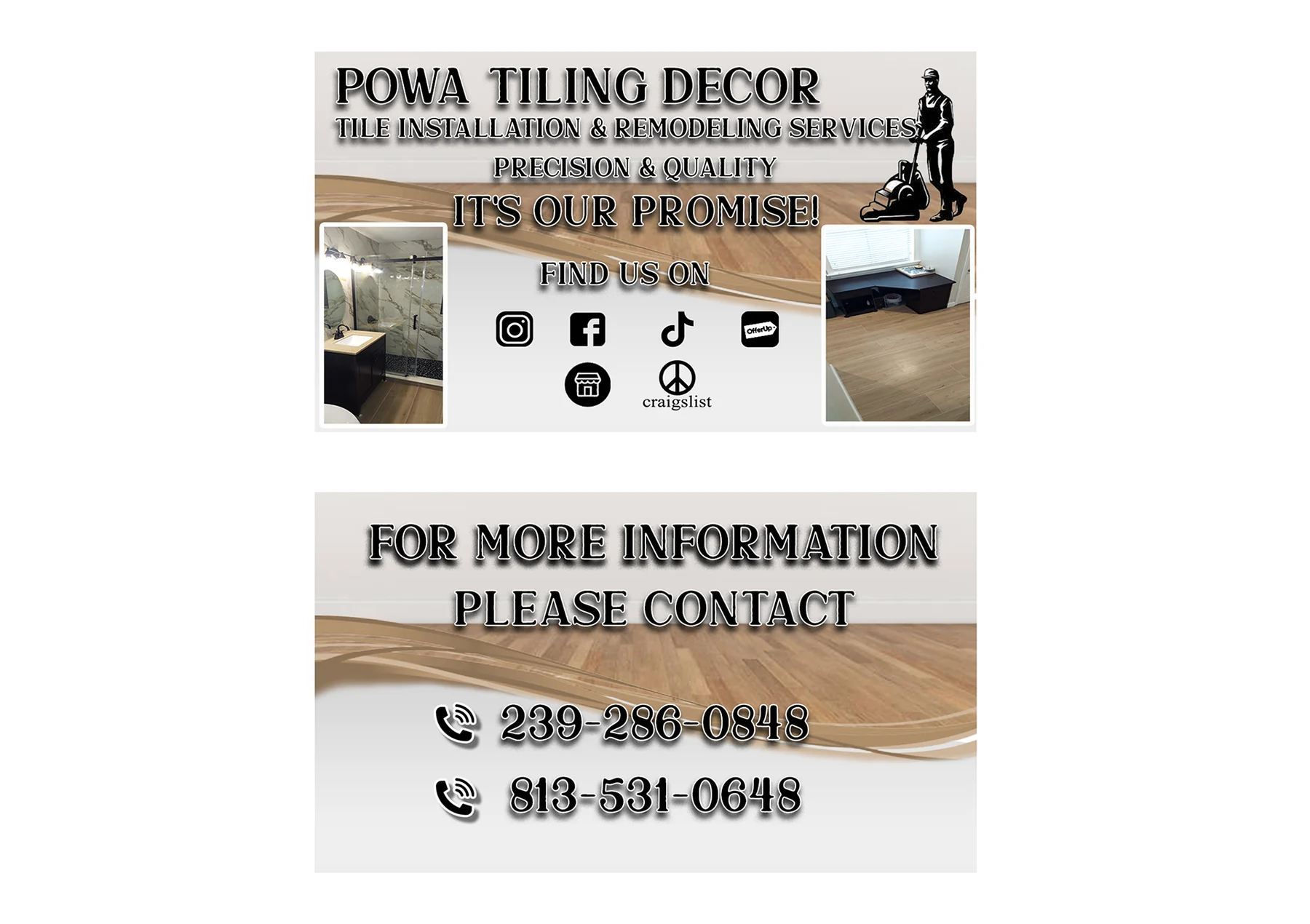 Front and back business cards for Powa Tiling Decor in white and beige, with tile photos and contacts.