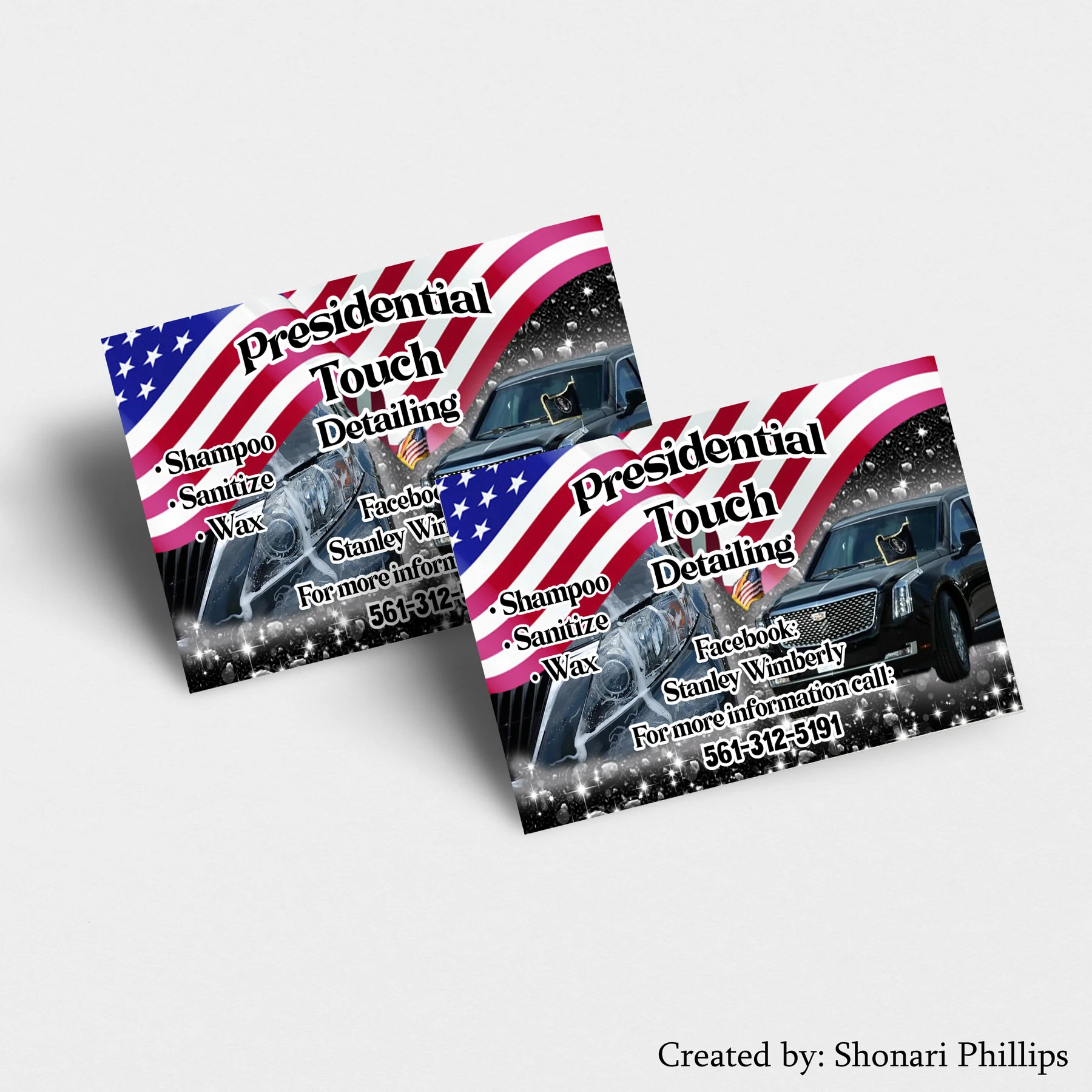 Two Presidential Touch Detailing business cards with an American flag, a dark SUV and sparkles.