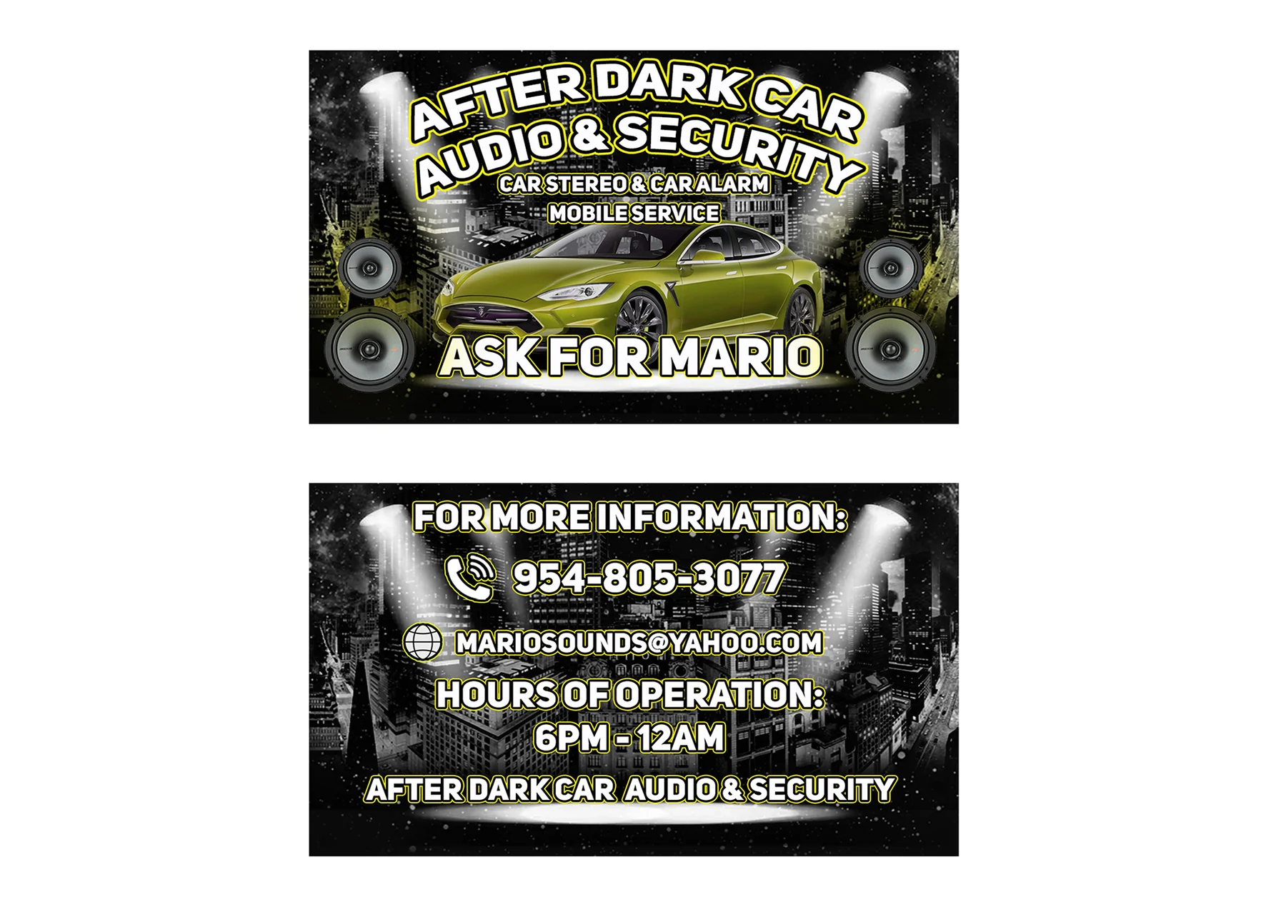 Black and neon green After Dark Car Audio and Security cards with a sports car and speakers.