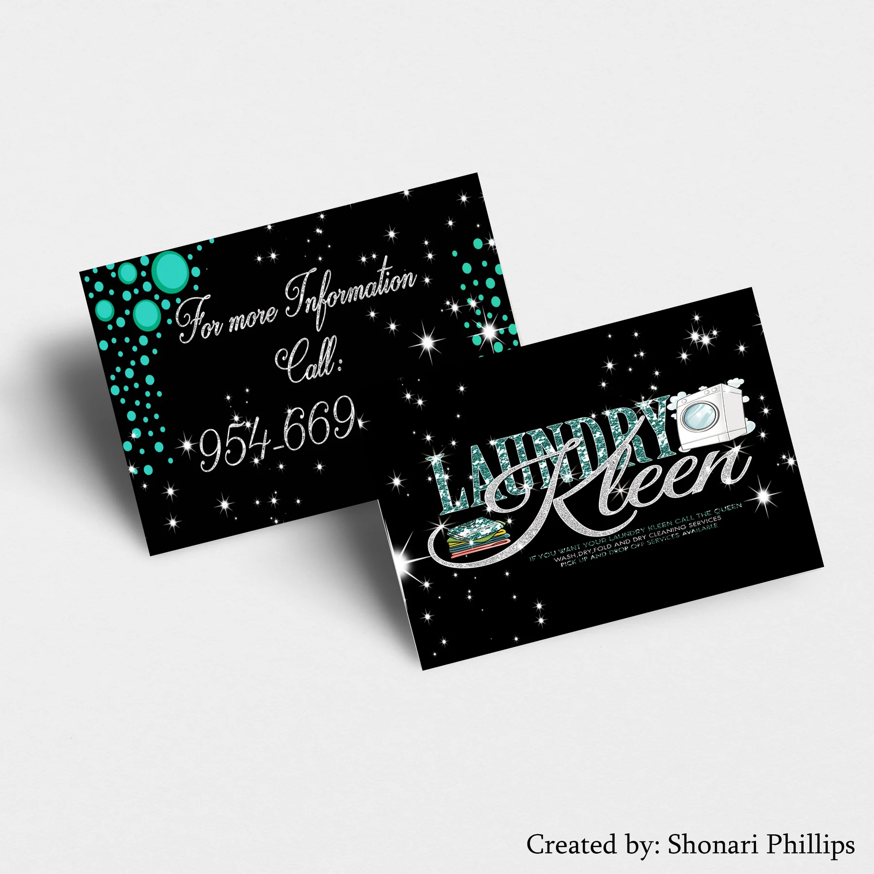 Two black sparkle business cards for Laundry Kleen, lettered in silver and teal.
