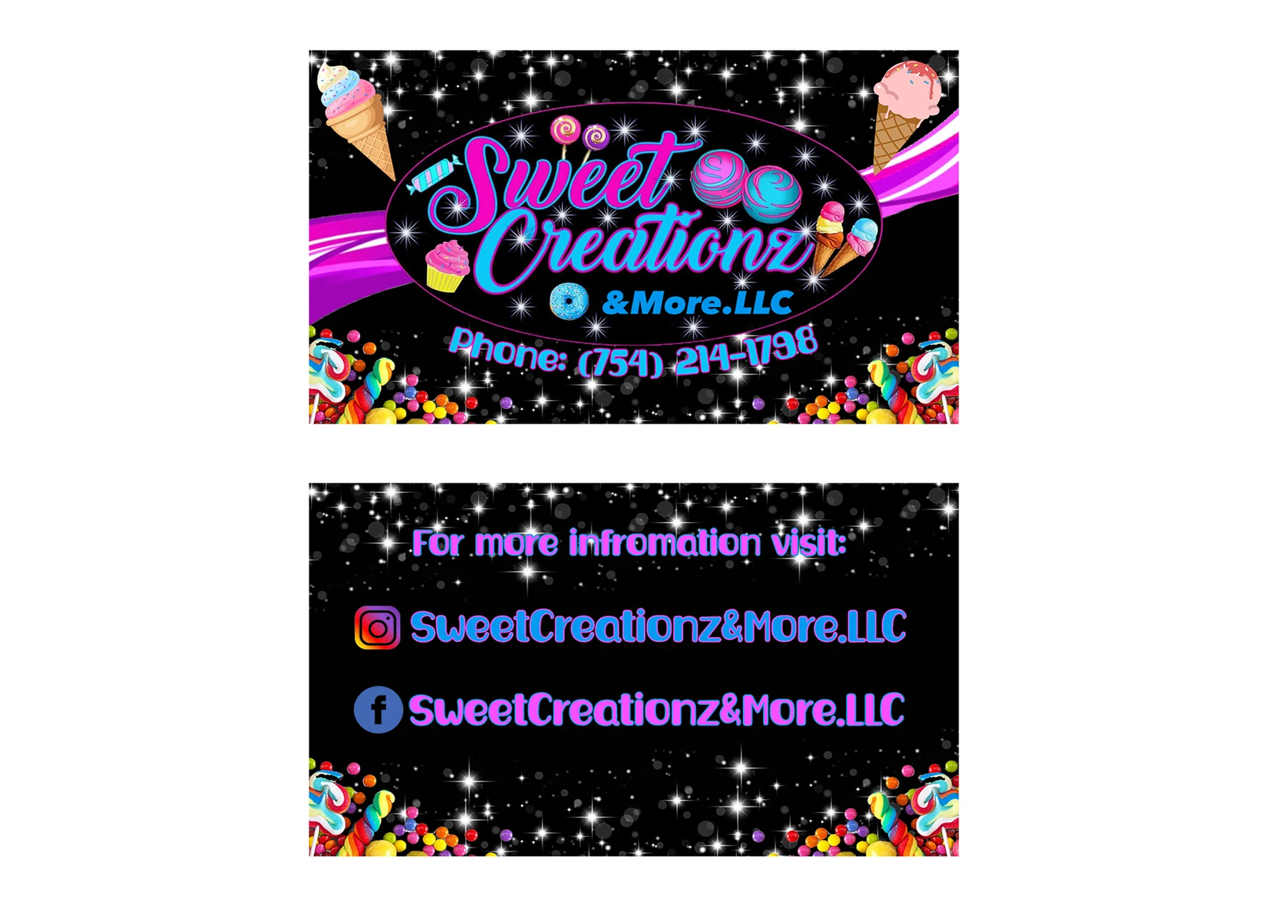 Black business cards for Sweet Creationz and More with candy, ice cream and neon pink lettering.