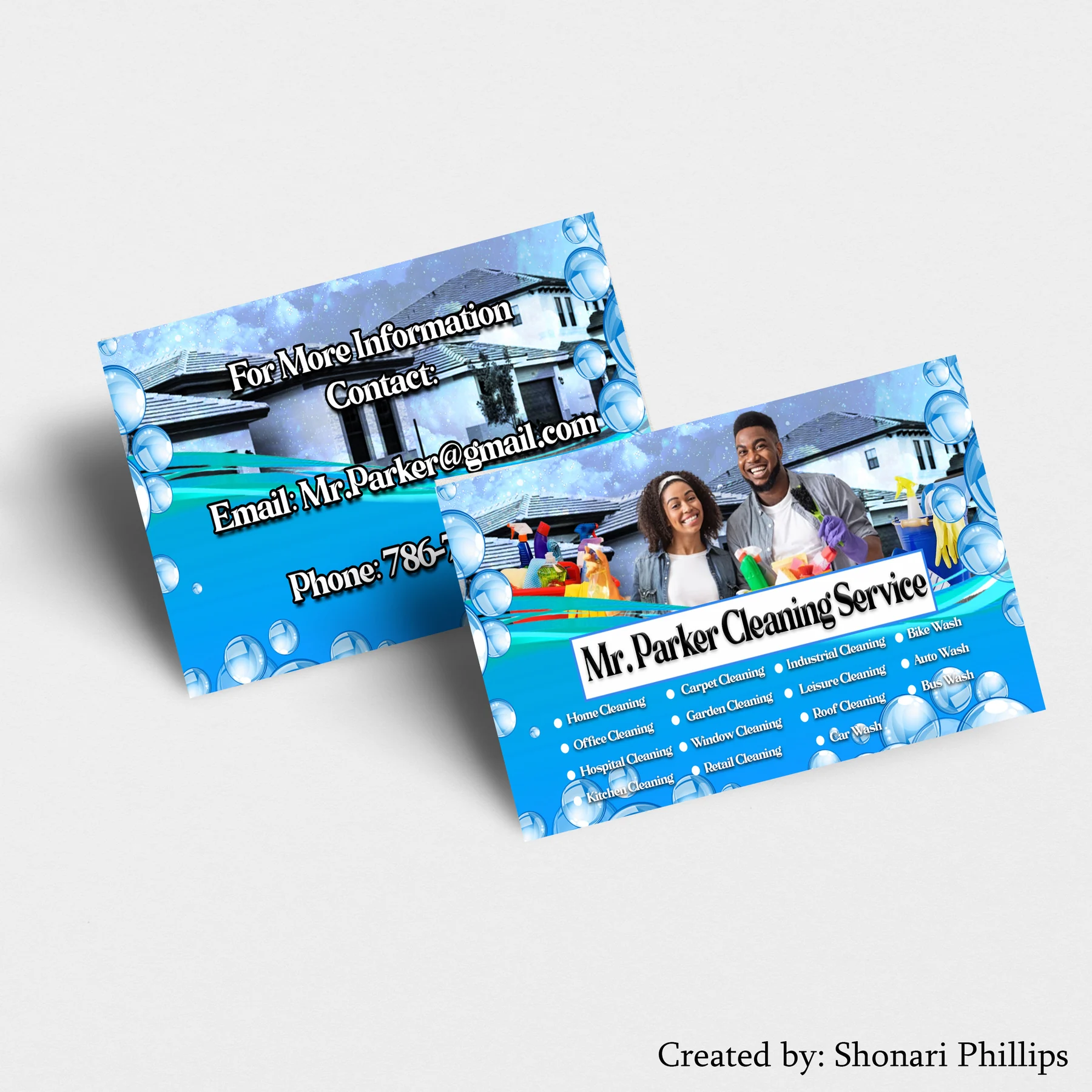 Bright blue bubble-themed business cards for Mr. Parker Cleaning Service with a smiling couple.