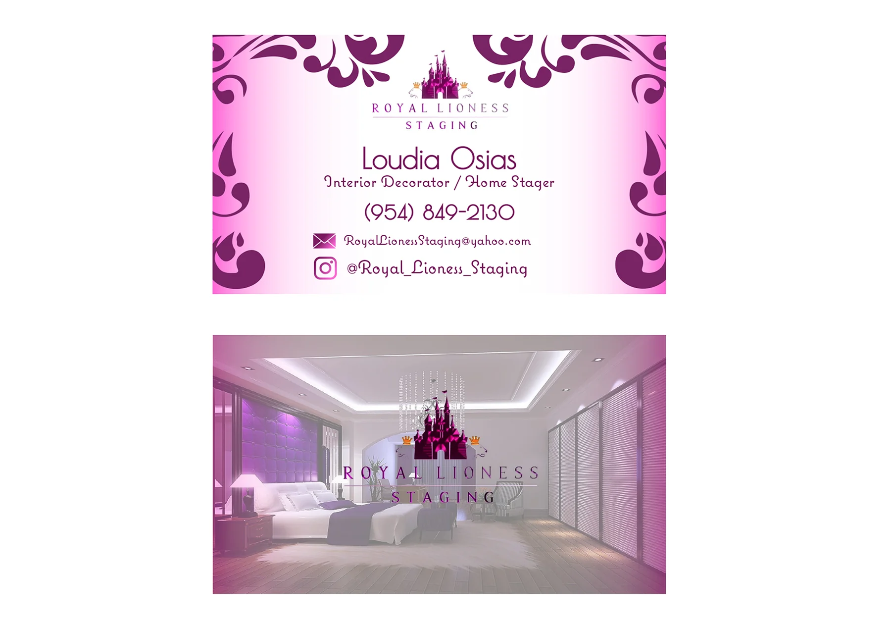 Pink and white Royal Lioness Staging business cards with a castle crest and a lavender room.