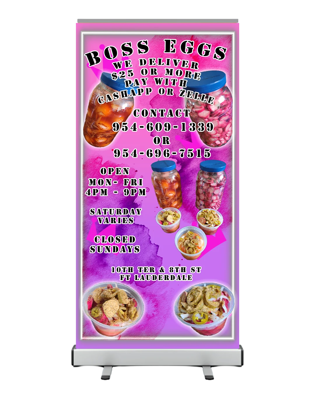 Hot pink Boss Eggs retractable banner showing jars of pickled eggs, bowls of food and hours.
