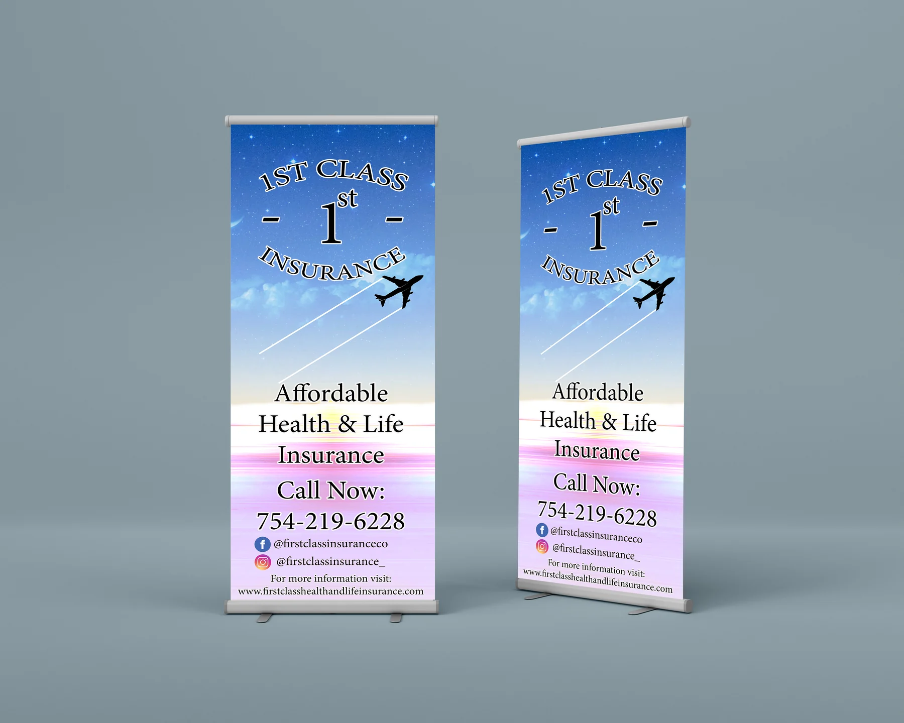 Two sky-blue 1st Class Insurance roll-up banners with a jet, advertising affordable health and life plans.