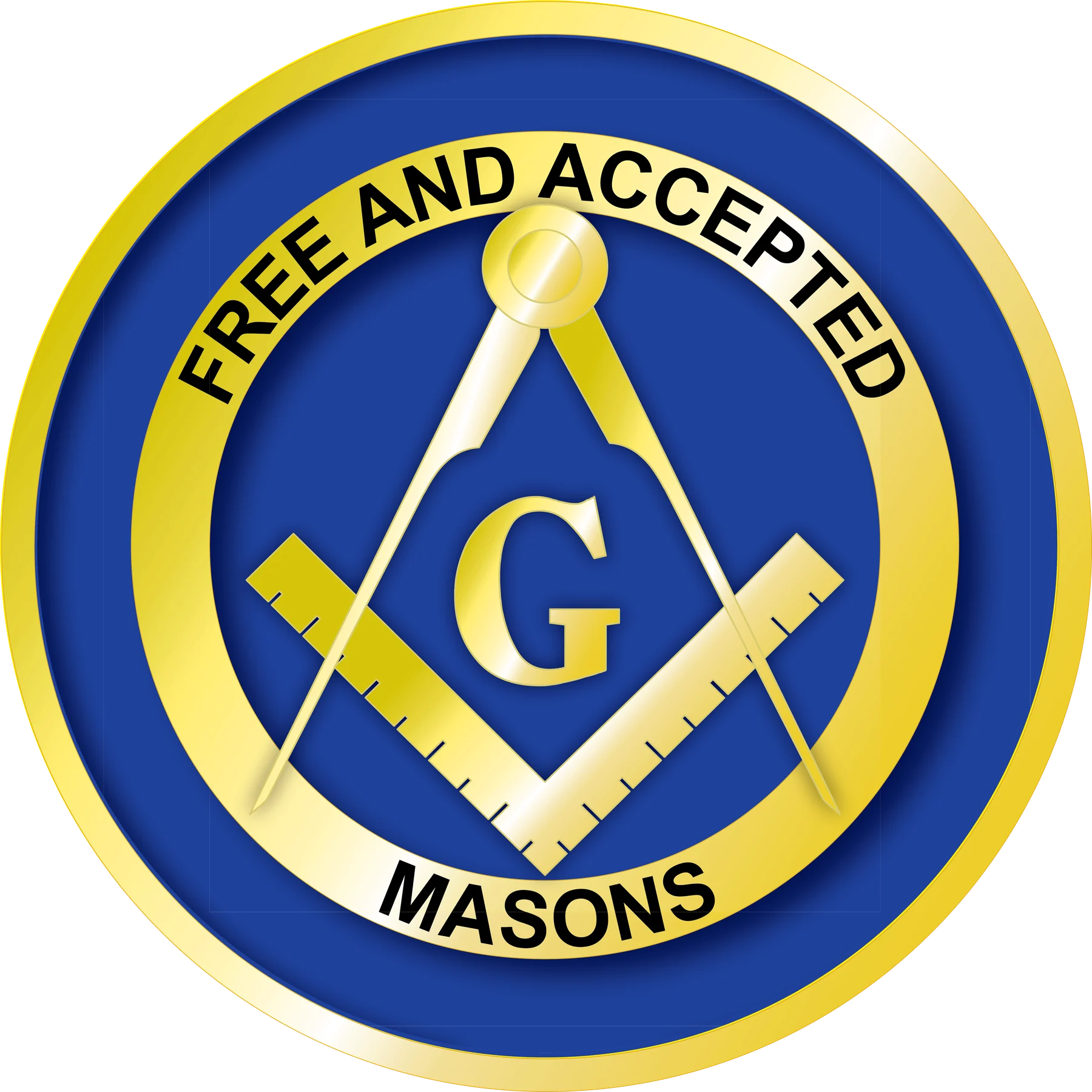 Blue and gold Free and Accepted Masons emblem with the square, compass and G.
