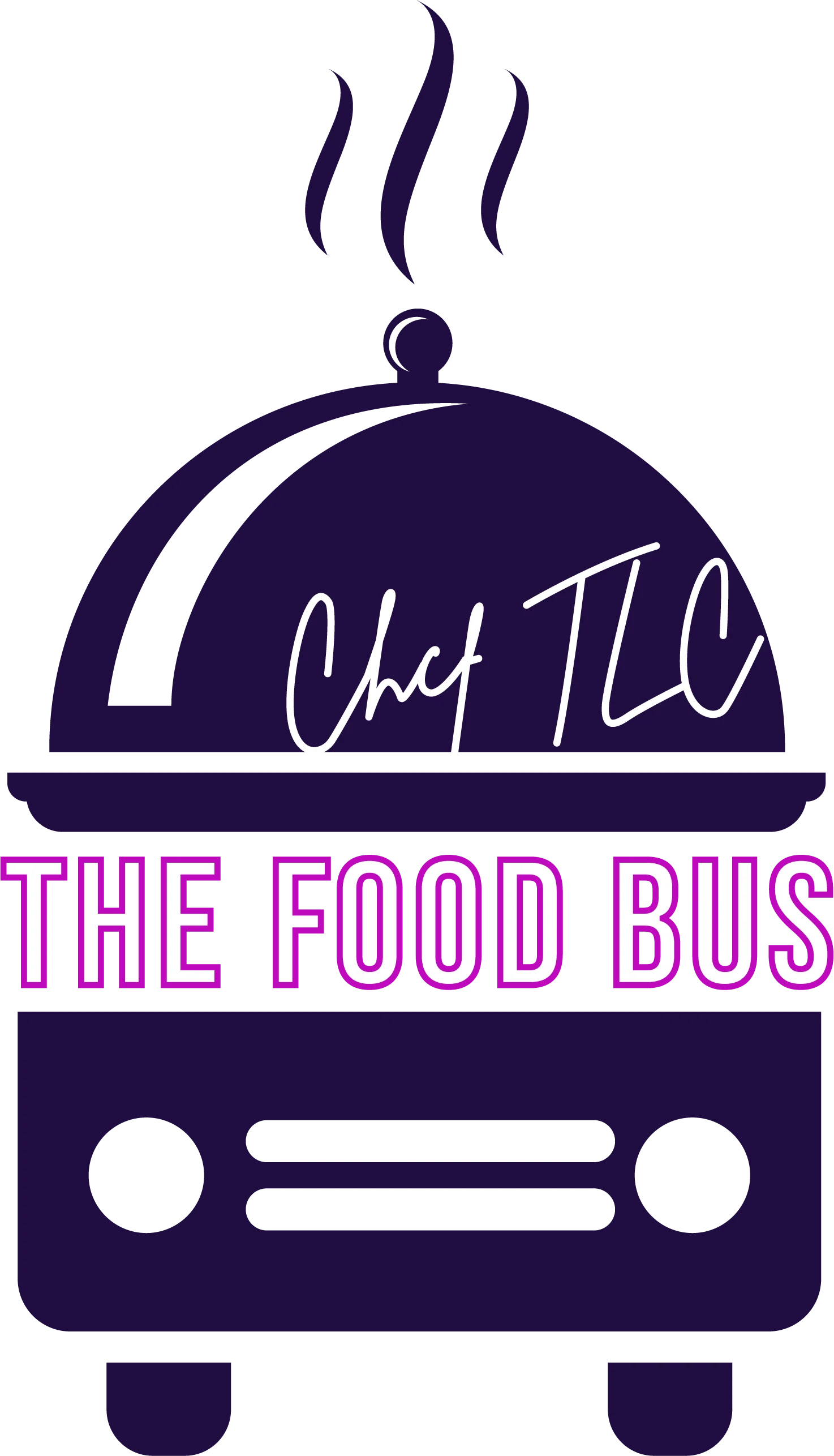 Deep purple food-truck logo shaped like a steaming cloche, reading Chef TLC The Food Bus in pink.
