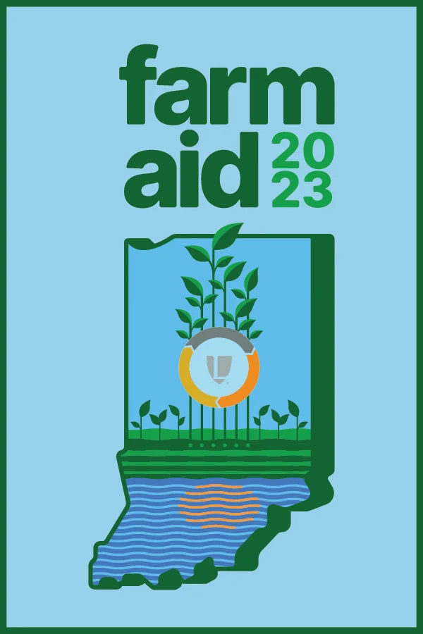 Farm Aid 2023 poster in green and sky blue, with sprouting plants rising from an Indiana state outline.