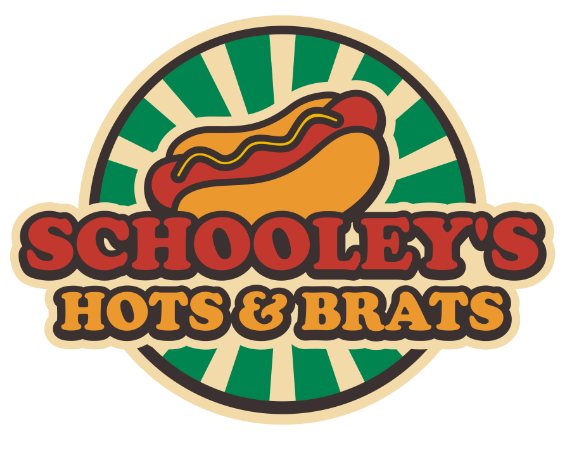 Retro logo for Schooley's Hots & Brats: a hot dog with mustard in front of green and cream sunburst rays, above bold red and orange lettering.